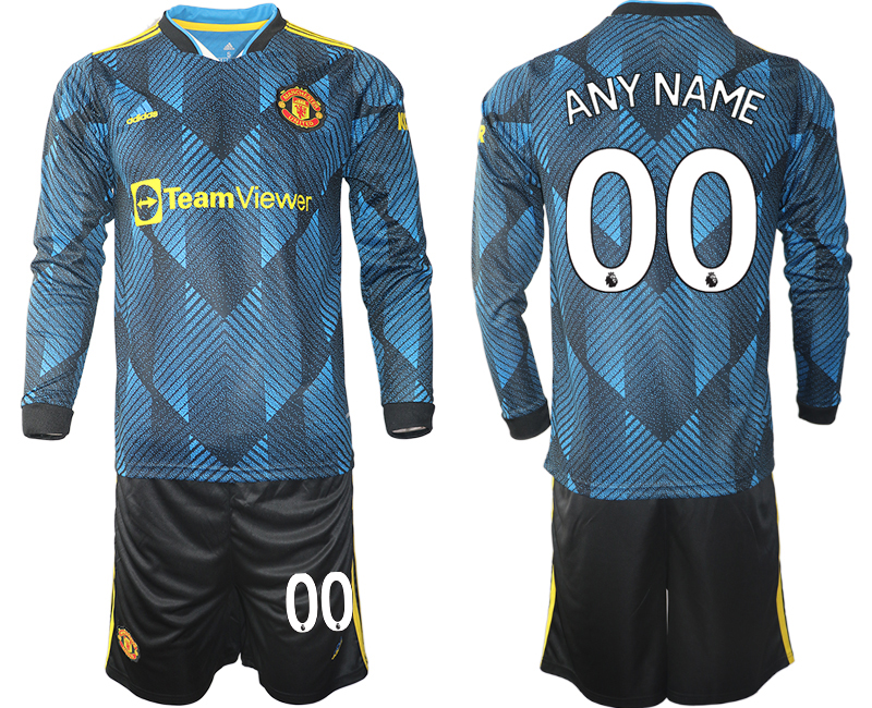 Men 2021-2022 Club Manchester united second away blue Long Sleeve customized Soccer Jersey